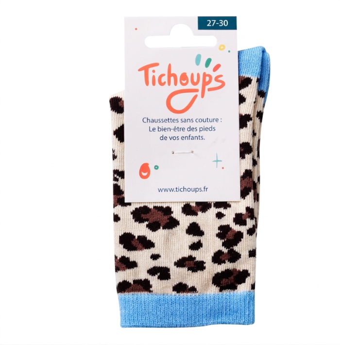 Packaging chaussettes sans couture léopard beige et bleu pour enfant .