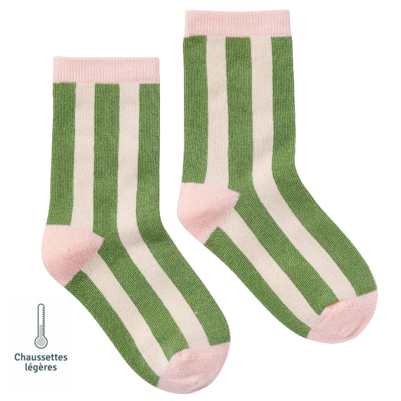 Chaussettes sans couture rayées vert avec détails rose vue de profile.