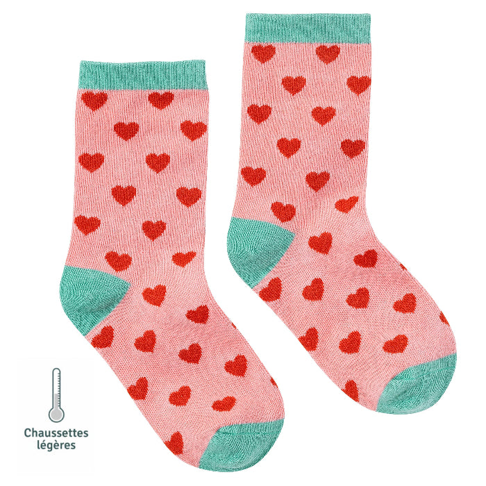 Chaussettes sans couture à imprimés cœurs coloris rouge et détails vert vue de face.