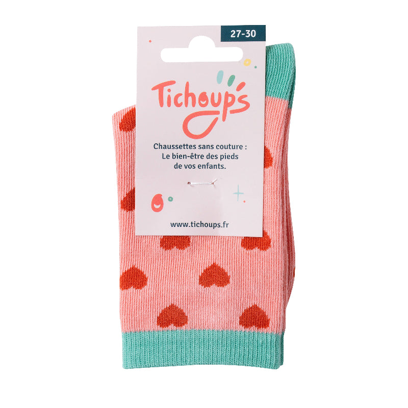 Chaussettes sans couture à imprimés cœurs coloris rouge et vert vue du recto du packaging cartonné .