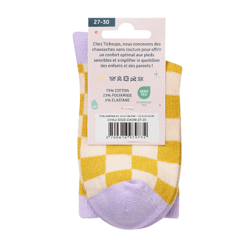 Photo du packaging arrière des chaussettes sans couture damier ocre et violet .