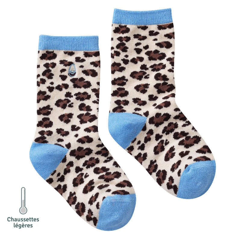 Chaussettes sans couture enfant motif léopard beige et bleu vue de côté