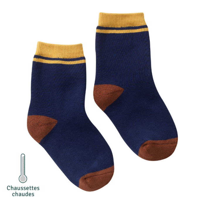 chaussettes unies marine et ocre sans coutre vue de côté