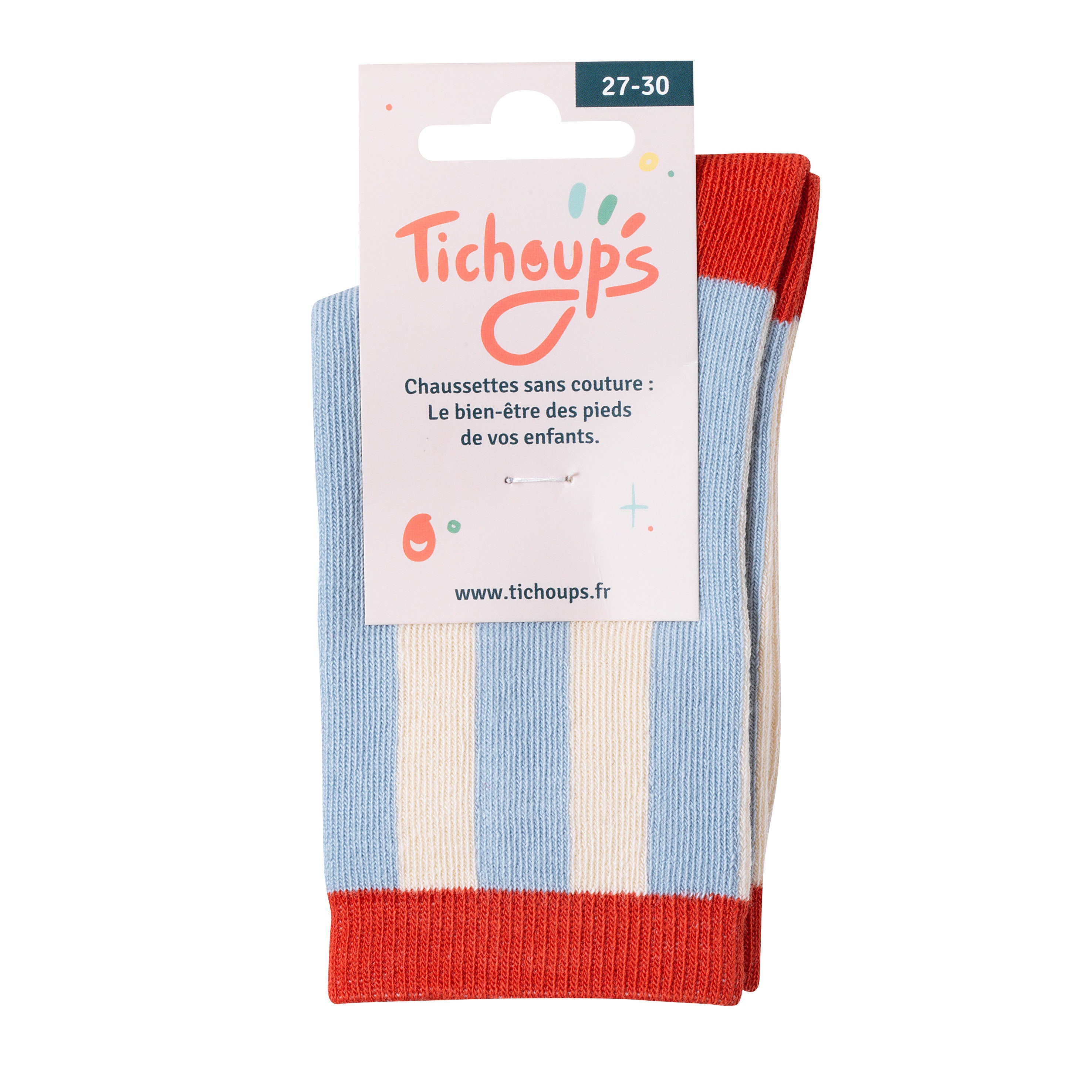 Chaussettes sans couture rayées bleu ciel et détail rouge vue du packaging cartonné avant.
