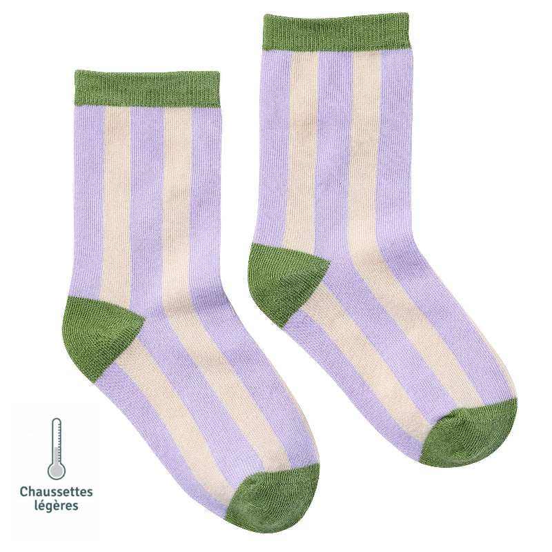 Chaussettes sans couture rayures violette avec détails vert olive vue de profil