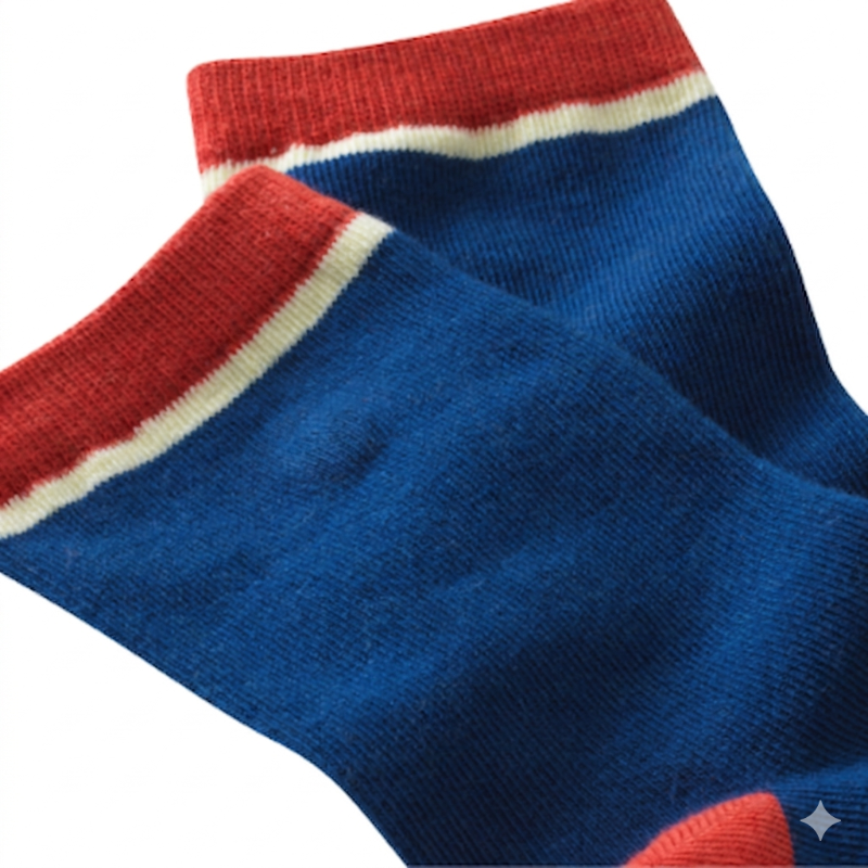 Chaussettes unies marine et rouge vue de côté et zoomées sue le détail des bandes rouge et vert