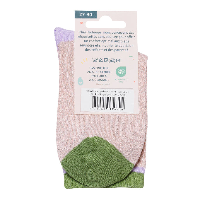 Photo du packaging arrière des chaussettes sans couture unies paillettes rose pale et vert .