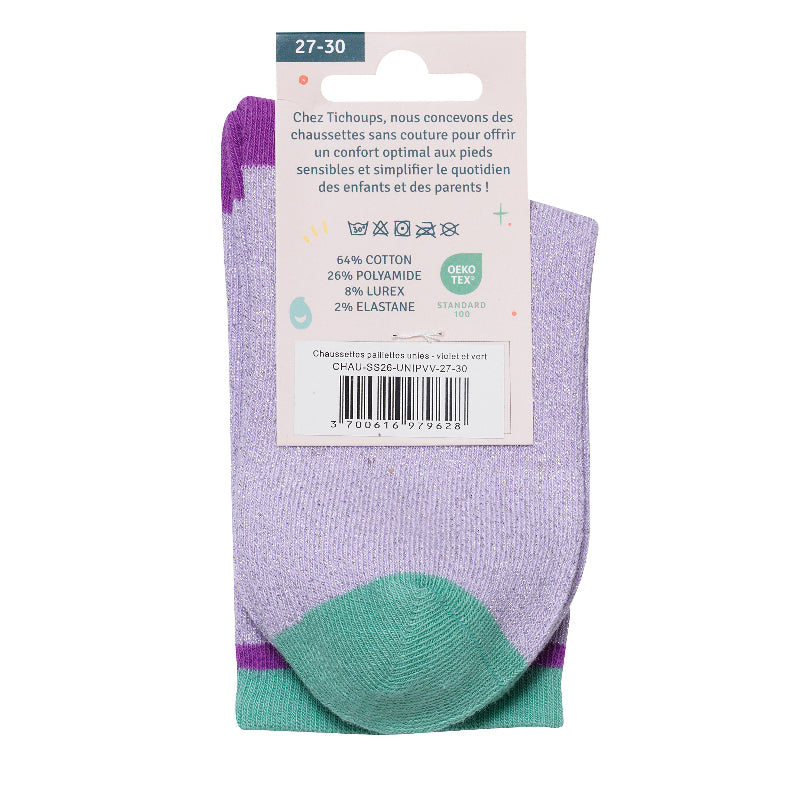 Photo du packaging verso des chaussettes sans couture paillettes violet et vert vue de profil.