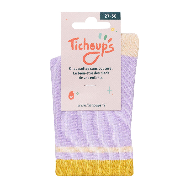 Photo du packaging avant des chaussettes sans couture unies violet et ocre vue de profil.