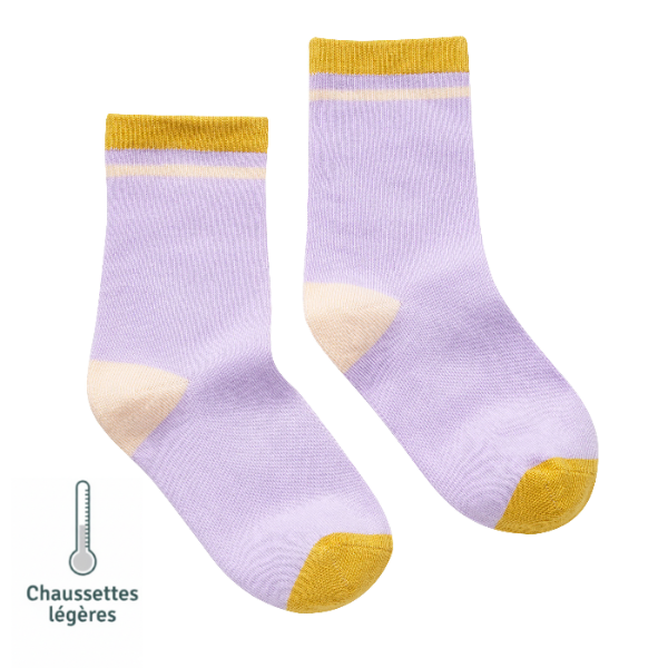 Photo des chaussettes sans couture unies violet et ocre vue de profil.