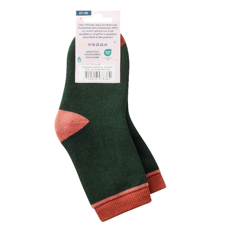chaussettes sans couture unies vert et rose épaisses et son packaging vue de derrière