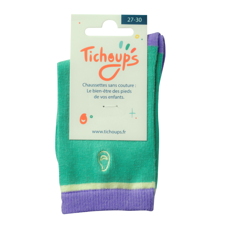 chaussettes sans couture enfant unies vert et violet avec son packaging en carton