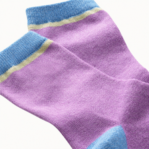 Photo des chaussettes sans couture enfant unies paillettes mauve et bleu vue du détail.