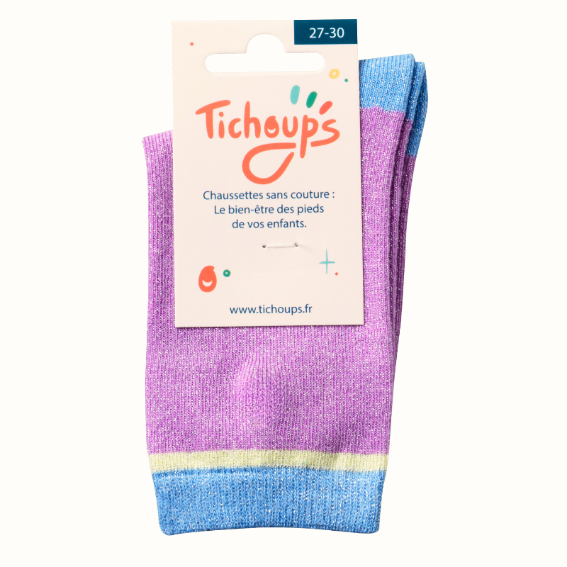 Photo des chaussettes sans couture enfant unies paillettes mauve et bleu vue du packaging.