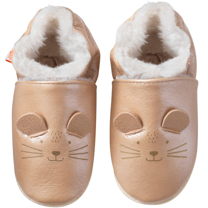 Chaussons tête de souris en cuir souple fourrés pour enfant vue de face