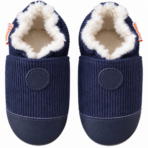 Chaussons cuir souple fourrés velours bébés marine vue de face.