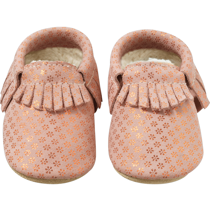 chaussons-bebe-cuir-souple-franges-fourres-rose-fleurs-face