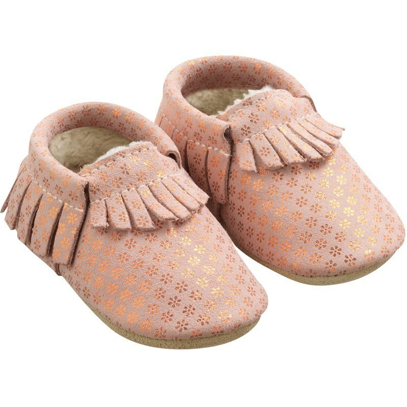 chaussons-bebe-cuir-souple-franges-fourres-rose-fleurs-profil