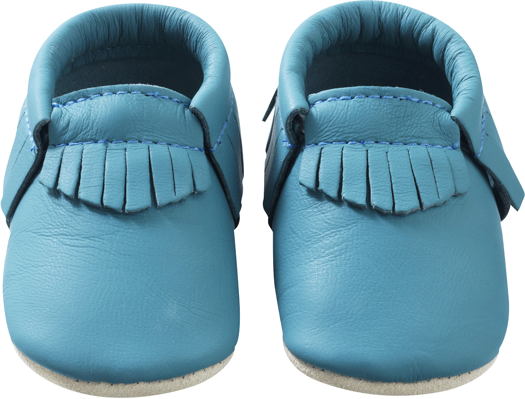 Chaussons-bebe-à-franges-bleu-canard-face