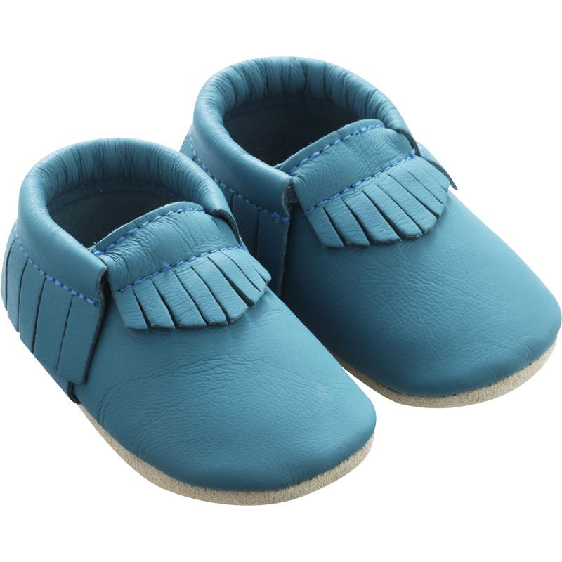 Chaussons-bebe-à-franges-bleu-canard-profil