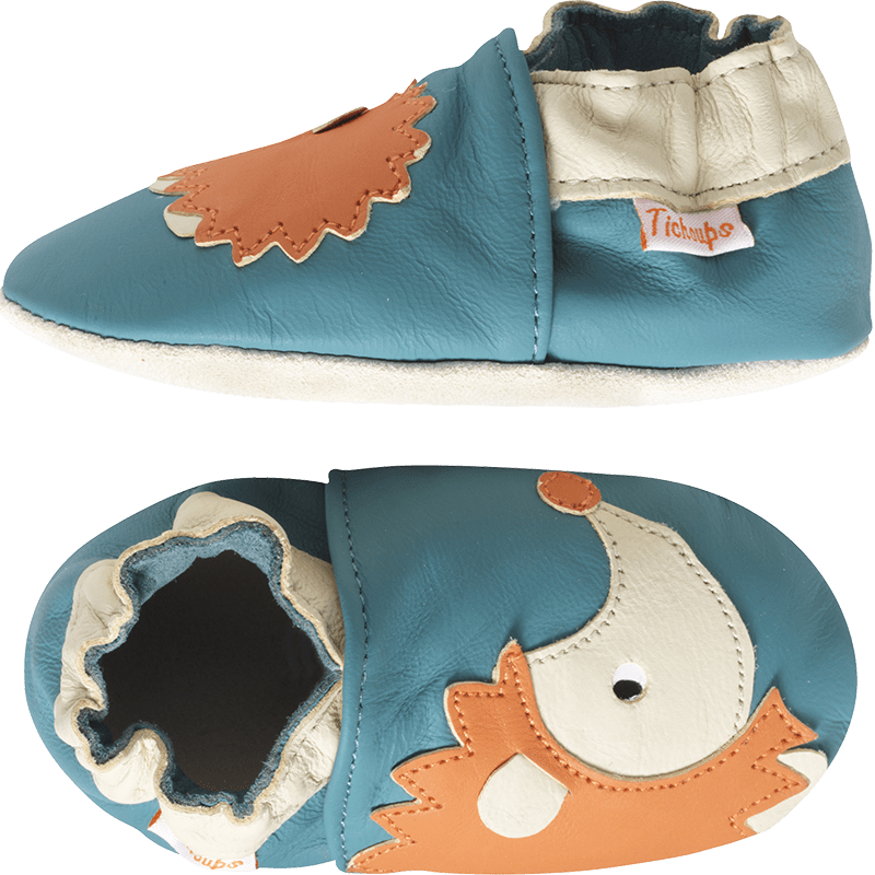 Chaussons bébé cuir souple motifs hérissons de couleur bleu
