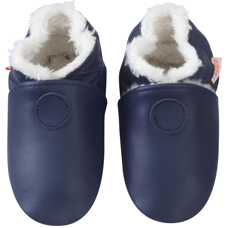 Chaussons en cuir-couple unis fourres marine pour bébé vue de face