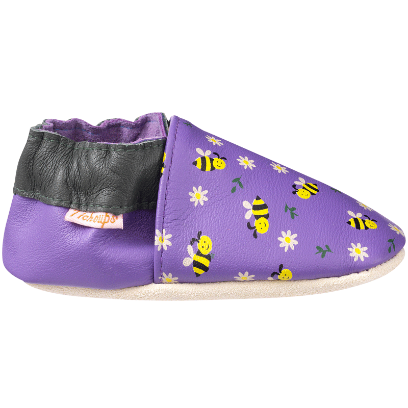 Chaussons violet cuir souple bébé imprimé abeilles