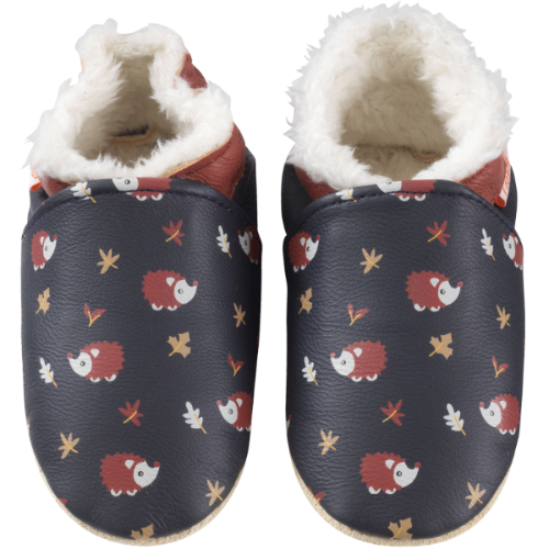 Chaussons pour bébé fourrés avec un imprimé hérissons vue de face