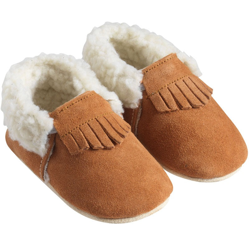 Chaussons pour enfant avec frange en cuir fourrés coloris camel