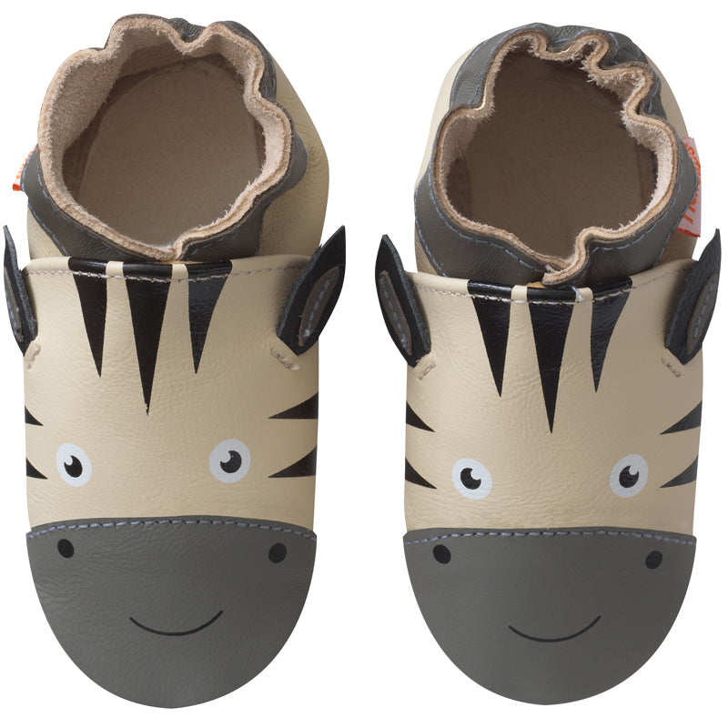 Chaussons bebe cuir souple Zack le zèbre vue de face