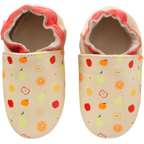 Photo des chaussons enfant cuir souple Lévi les fruits vue de face.