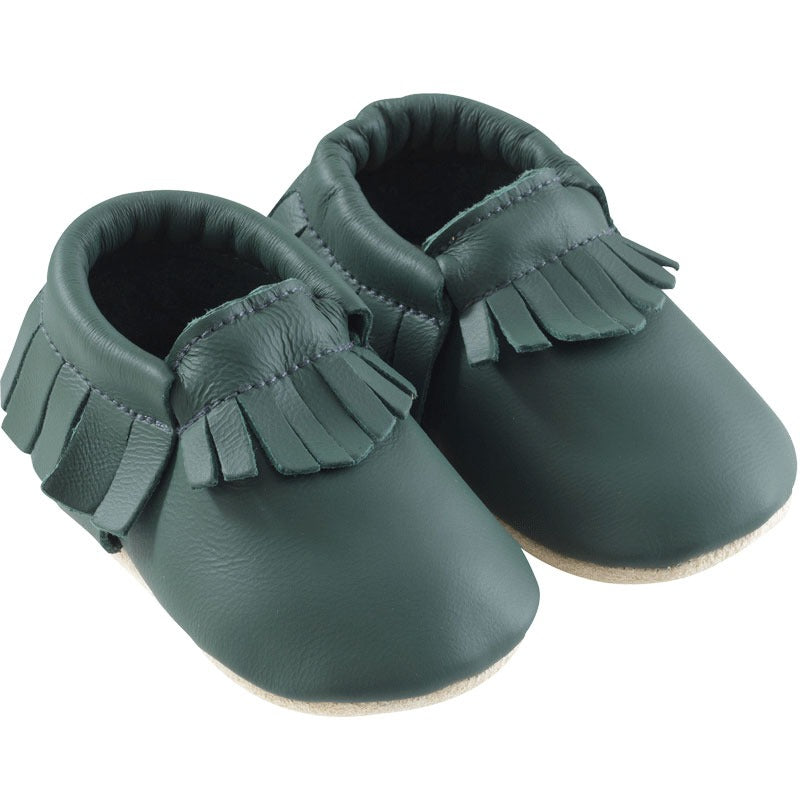 Chaussons-bebe-cuir-souple-franges-vert-bouteille-profil