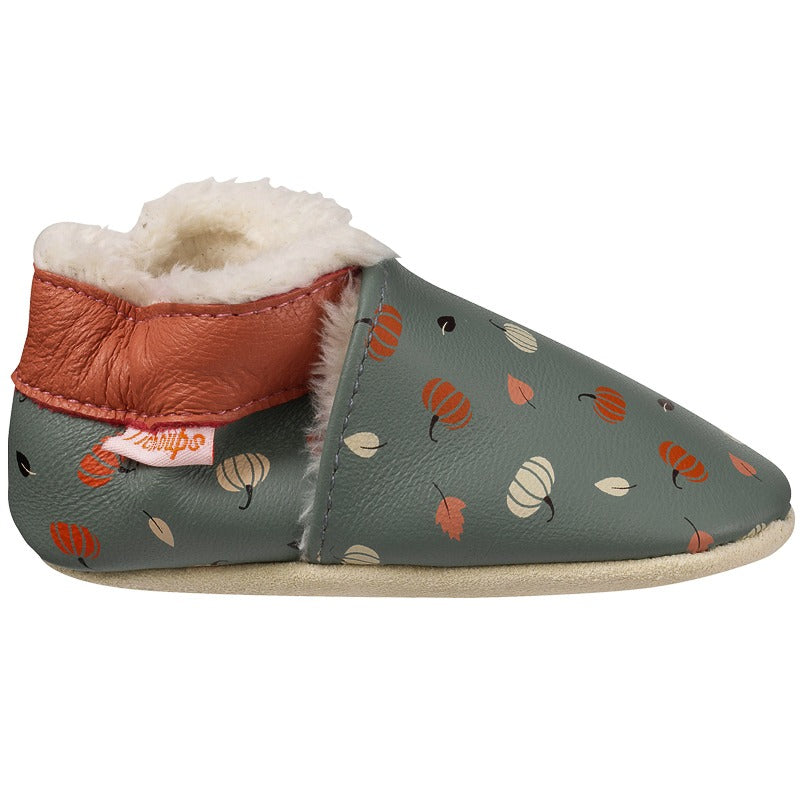 chaussons-bebe-cuir-souple-fourre-cypris-citrouilles-redoute