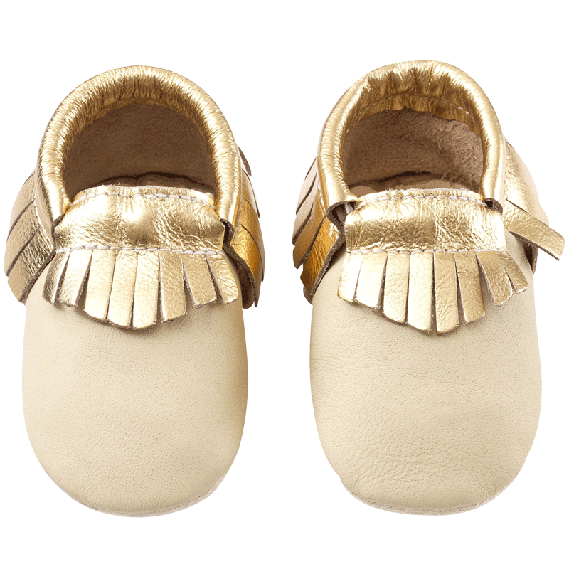Chaussons-bebe-cuir-souple-franges-beige-doree-face