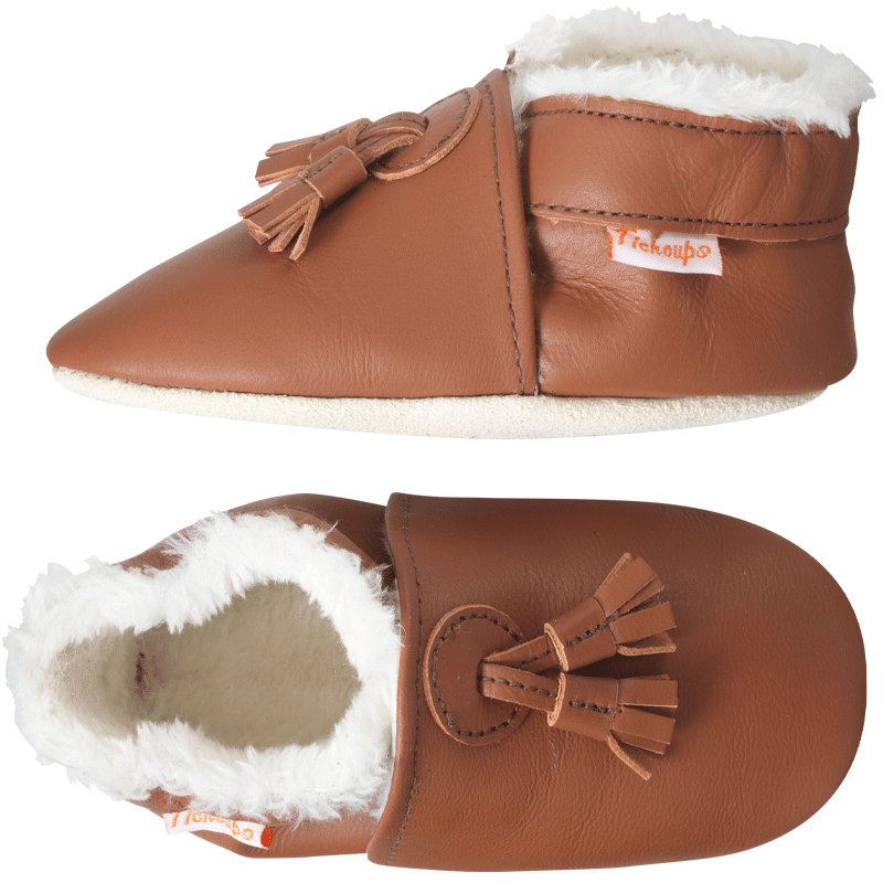 Chaussons-cuir-couple-uni-pampilles-fourres-marron-profil