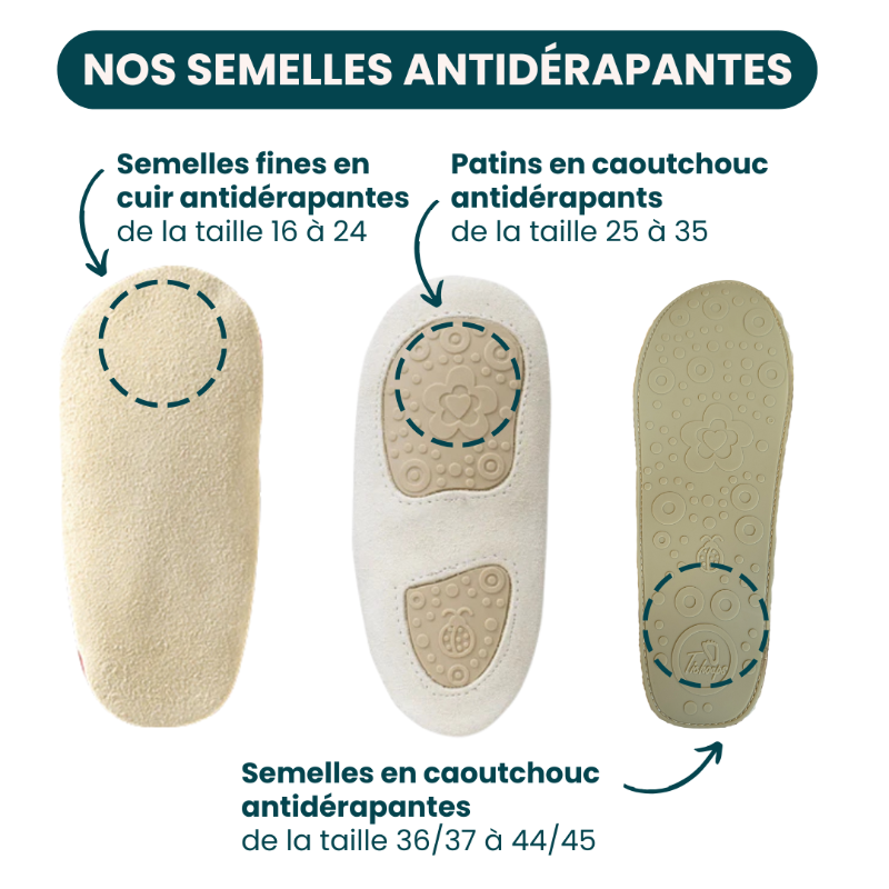  semelles souples en cuir et antidérapantes en fonction de la taille