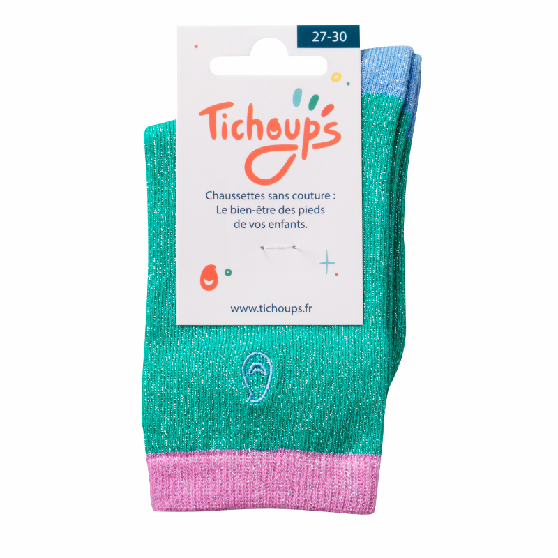 Vue de face packaging des chaussettes sans couture unies vert et rose 