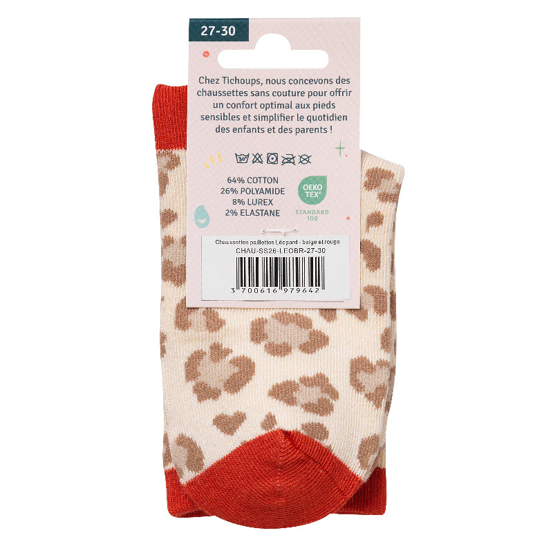 Photo du packaging verso des chaussettes sans couture léopard beige et rouge.