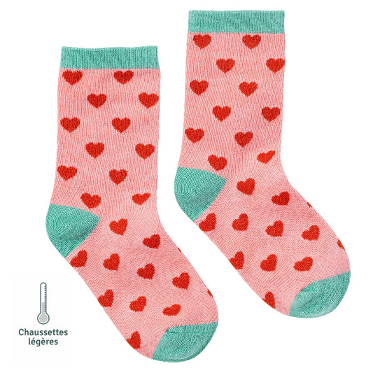 Chaussettes sans couture à imprimés cœurs coloris rouge et détails vert vue de face.