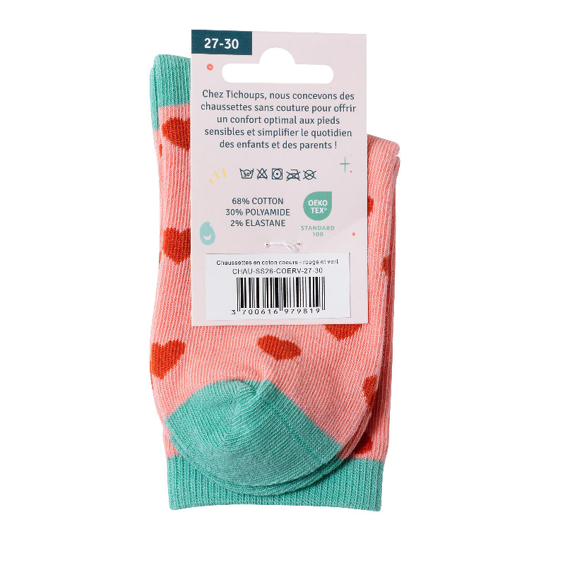 Chaussettes sans couture à imprimés cœurs coloris rouge et vert vue du  packaging cartonné verso .