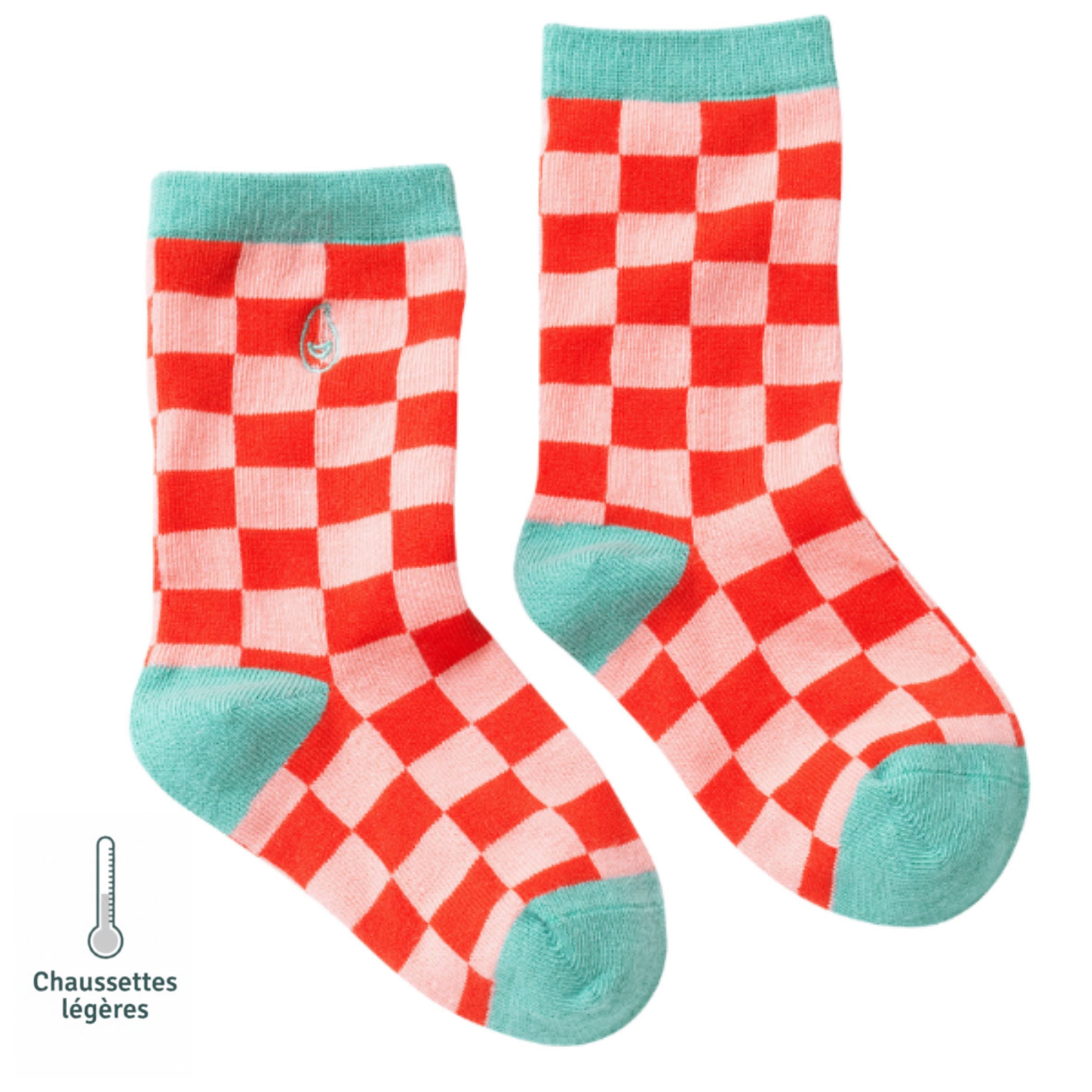 Chaussettes sans couture à motifs damier rouge et vert vue de côté.