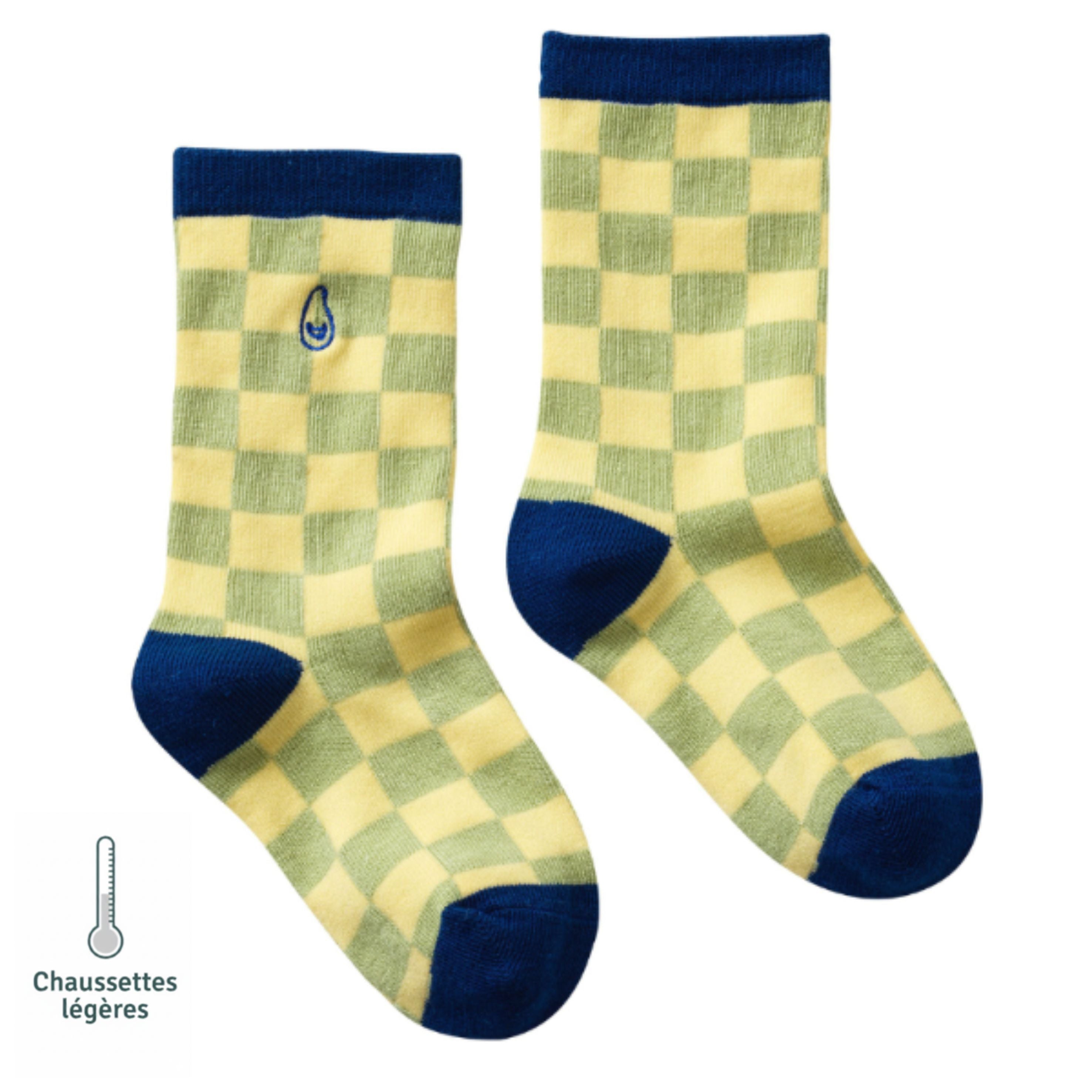 Chaussettes ans couture enfant à motifs damier vert et bleu vue de côté