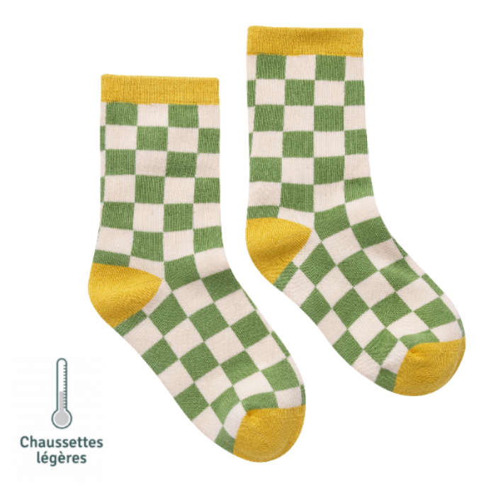 Photo des chaussettes sans couture damier vert olive et ocre vu de profil.
