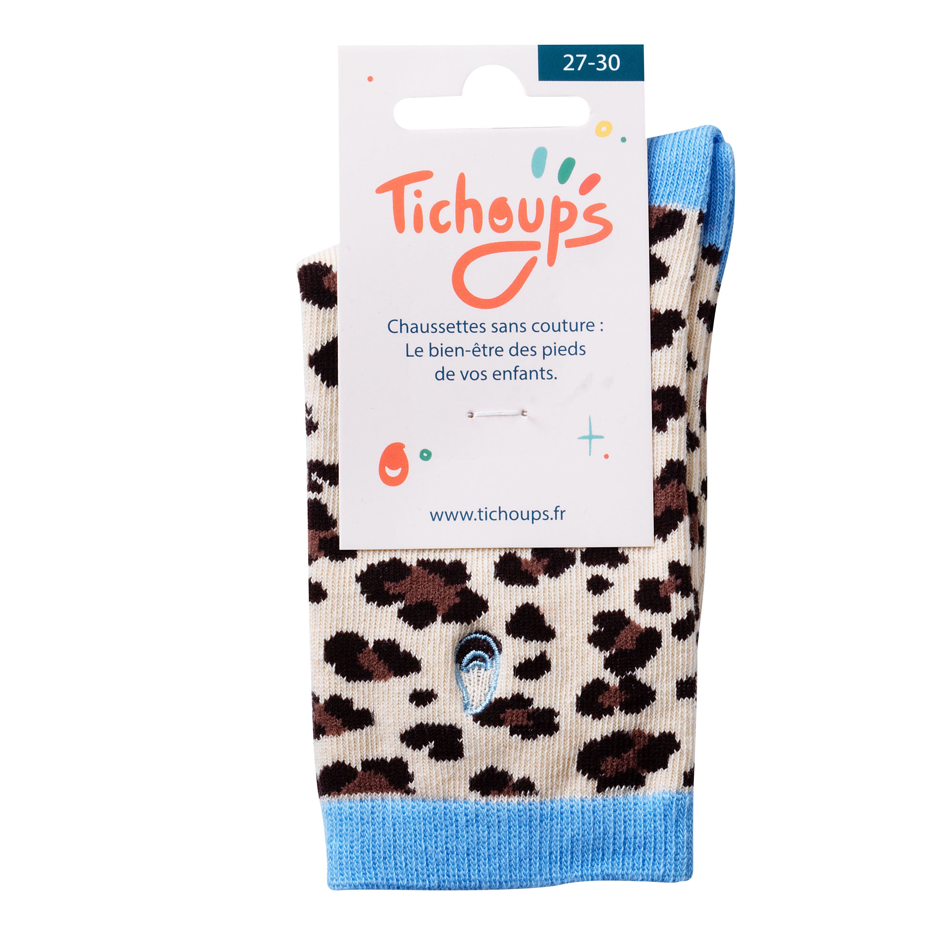 packaging chaussettes sans couture léopard beige et bleu pour enfant 