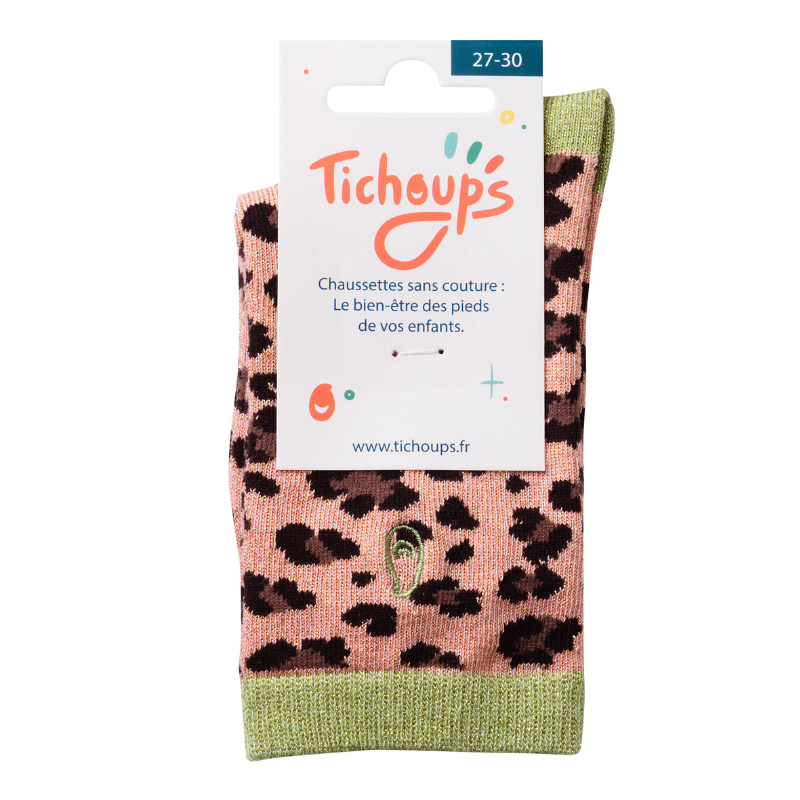 packaging cartonné vue de face des chaussettes enfant sans couture à motif léopard paillettes vert et rose 