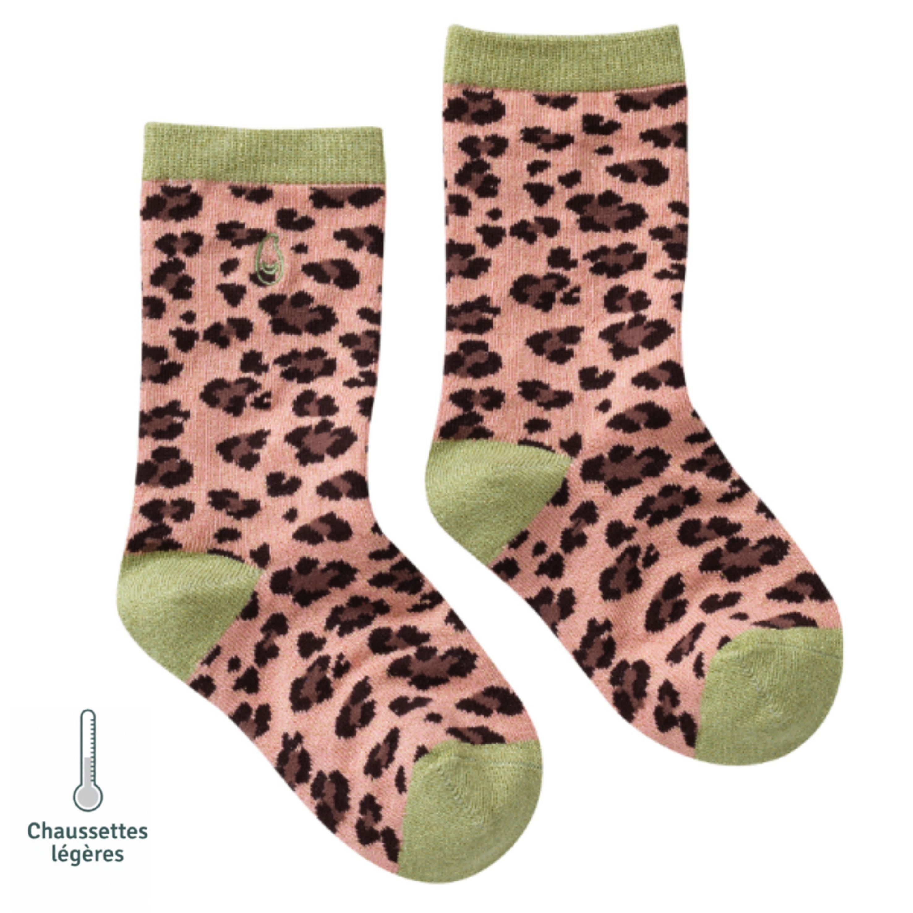 Chaussettes sans couture à motifs léopard paillettes vert et rose vue de profil 