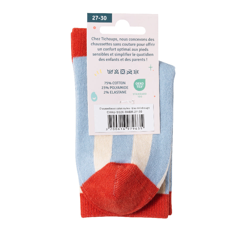 Chaussettes sans couture rayées bleu ciel et détail rouge vue du packaging cartonné arrière.