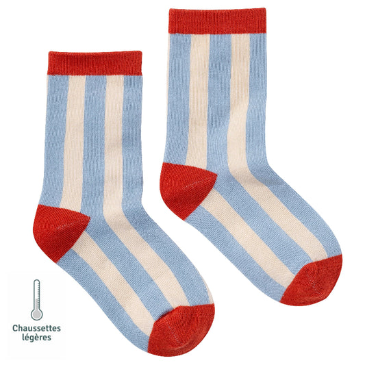 Chaussettes sans couture rayées bleu ciel et détail rouge vue de profil.