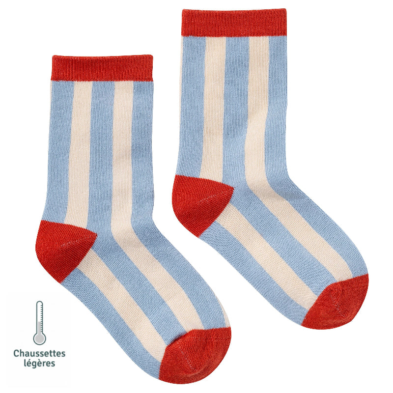 Chaussettes sans couture rayées bleu ciel et détail rouge vue de profil.