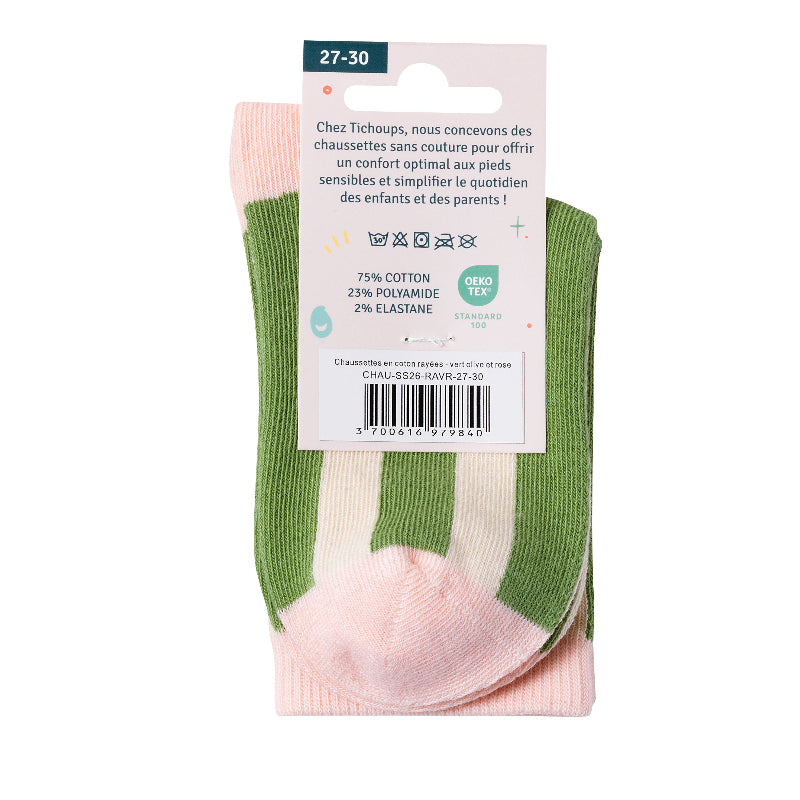 Packaging arrière des chaussettes sans couture rayées vert olive avec des des détails rose .